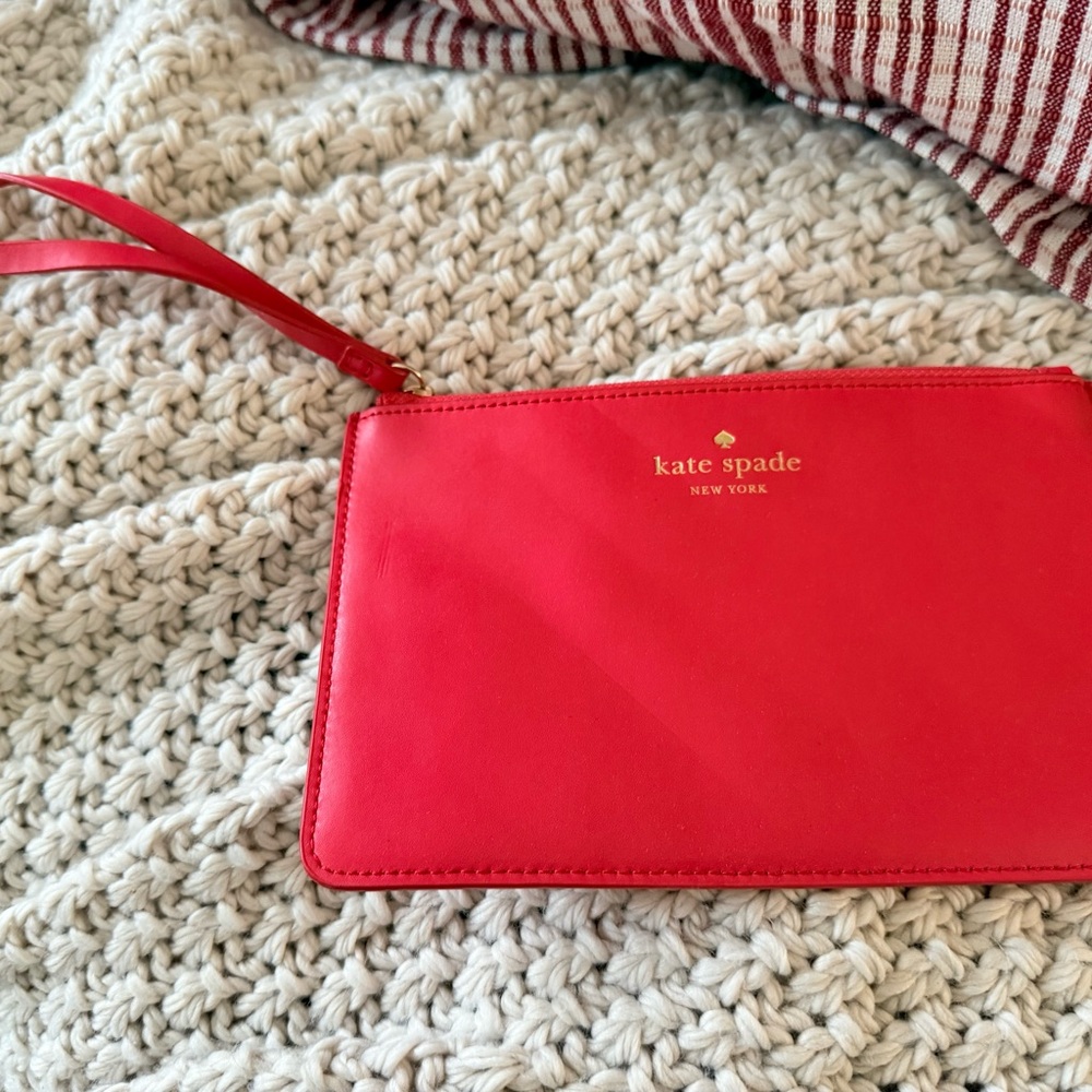 kate spade Red Leather Wristlet Clutch with Gold Logo